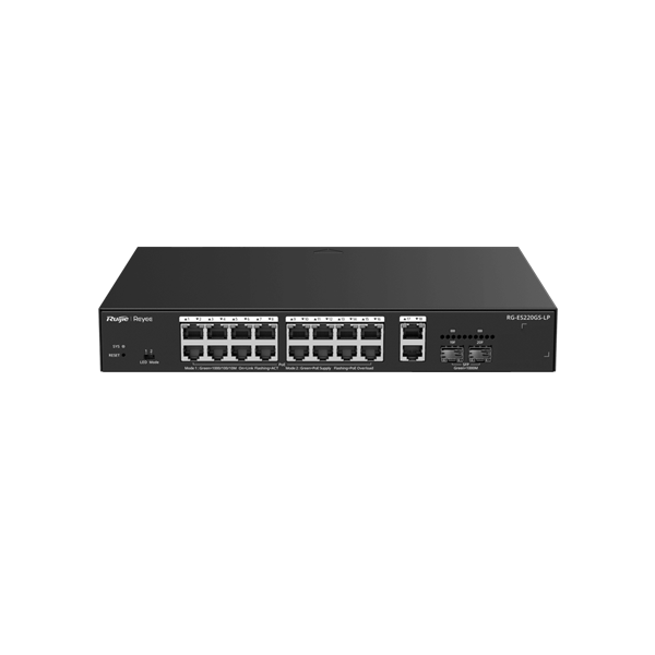 Reyee RG-ES220GS-LP 20 Portlu, 10/100/1000 Gigabit, Yönetilebilir Switch, 2 SFP, 2 Gigabit RJ45 Uplink, 16 Port PoE+ (130W)
