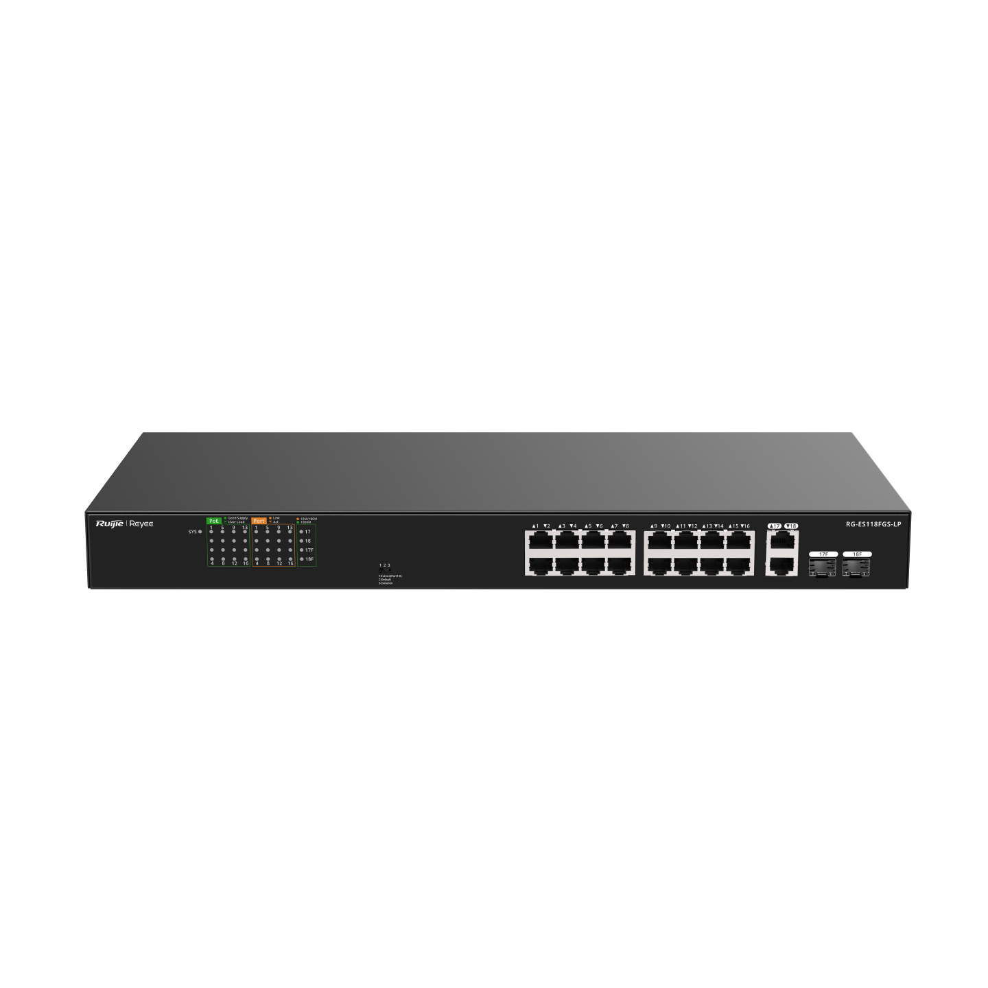 Reyee RG-ES118FGS-LP 18 Portlu, 10/100 Fast Ethernet, Tak Çalıştır Switch, 2 Gigabit Combo, 16 Port PoE+ (120W)