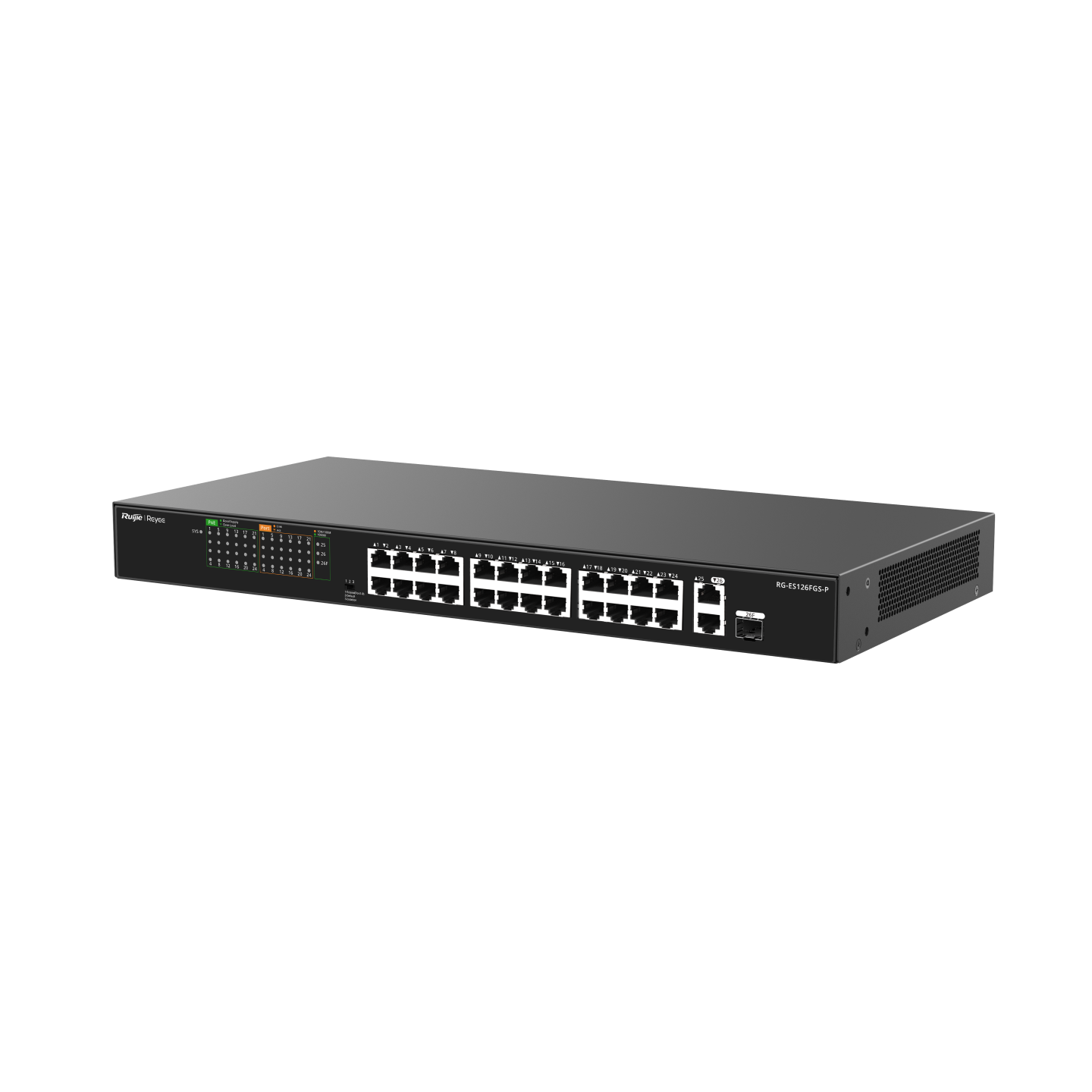 Reyee RG-ES126FGS-P 26 Portlu, 10/100 Fast Ethernet, Tak Çalıştır Switch, 2 Gigabit Uplink, 1 Gigabit Combo, 24 Port PoE+ (370W)